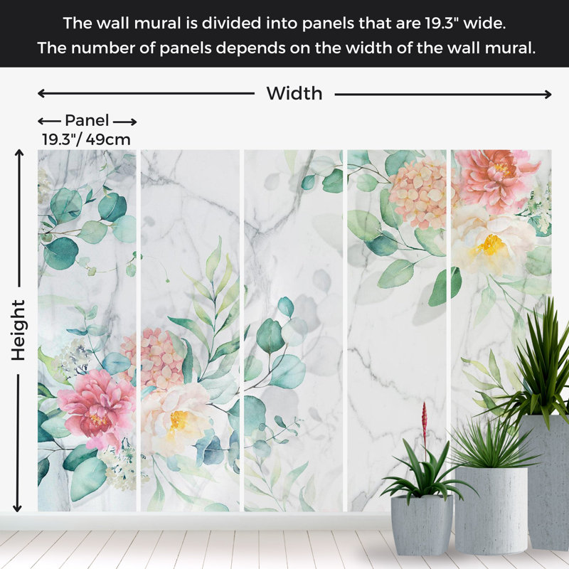 Murale florale pelez et collez - Marbre fleuri, L 82 po x l 115 po