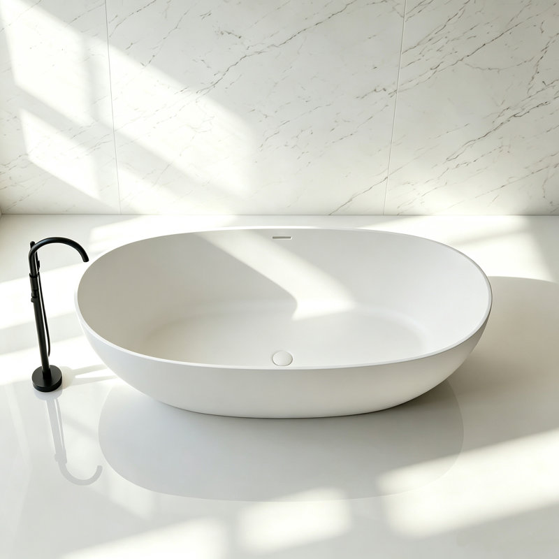 Baignoire de trempage autoportante blanche à surface solide avec trop-plein et bonde escamotable 59 "x 28" Monblari