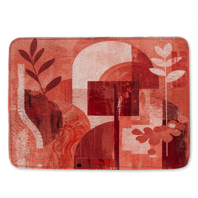 Tapis de bain abstrait à formes botaniques rouges, L 24 po x L 17 po