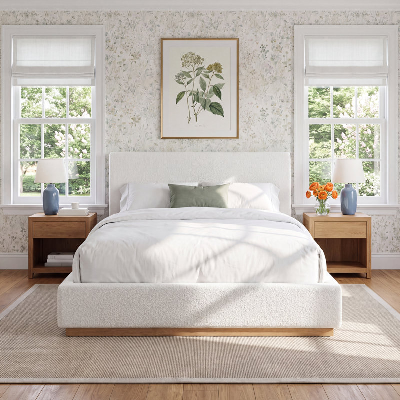 Drago Boucle Upholstered Bed Frame, Queen, Cream Boucle