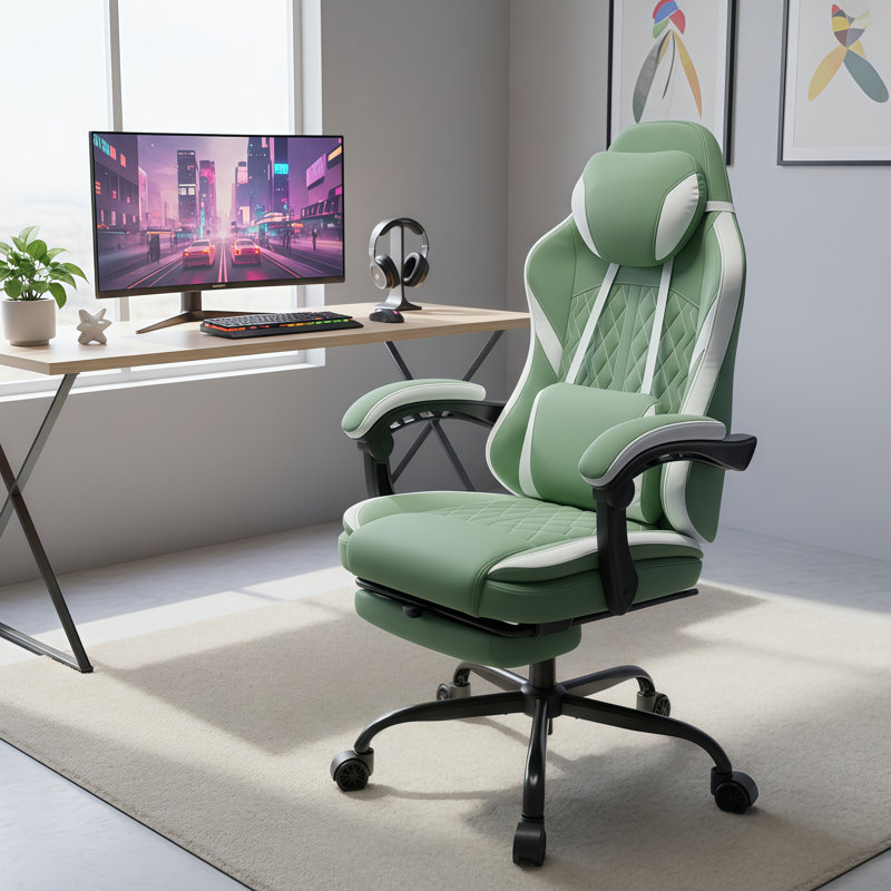 Green Adult-Sized Fabric Gaming Chair With A High-Back Ergonomic Design, Featuring A Footrest, Adjustable Headrest, And Massage Lumbar Support; 90-155° Free Tilt.