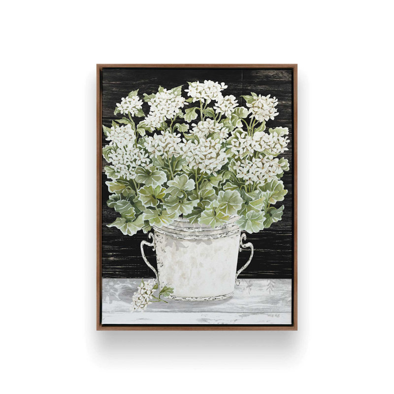 «Farmhouse Geraniums» par Cindy Jacobs, reproduction d'art, L 24 po x H 32 po, Toile avec cadre, Brun