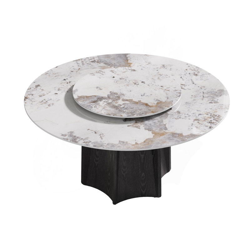 Table de salle à manger 59,05 po ronde en marbre avec base en bois massif texturé noir, marbre artificiel pour 6 à 8 personnes, table tournante en pierre artificielle blanche 31,5 po, blanc (table de salle à manger seulement)