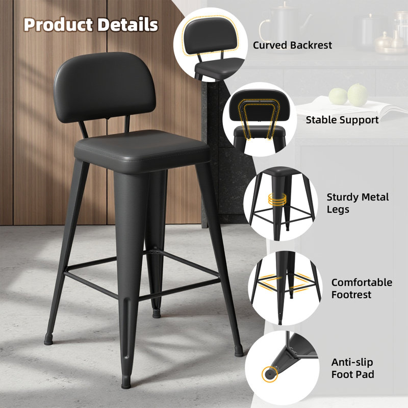 Upholstered Seat Counter Stools with Metal Frame, Counter Stool (26" Seat Height), Black