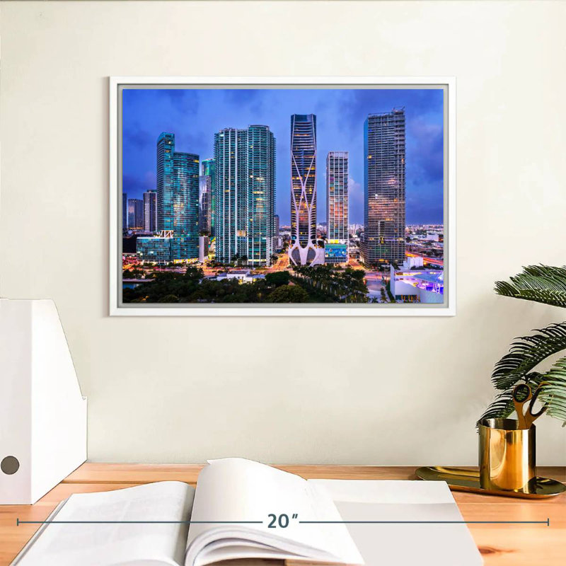 Vue aérienne du centre-ville de Miami, Cadre flottant blanc, 13 po x 9 po