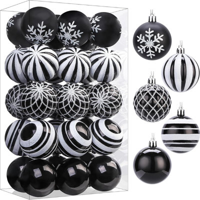Ornements de boules de Noël 30ct 2,36 pouces, noir et blanc, 60mm