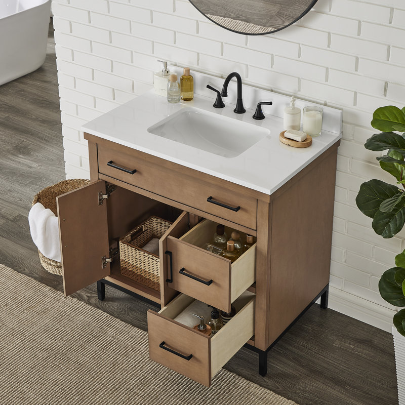 Uribe 36 In. Single Sink Freestanding Gunny Bath Vanity With Pure White Engineer Stone Top