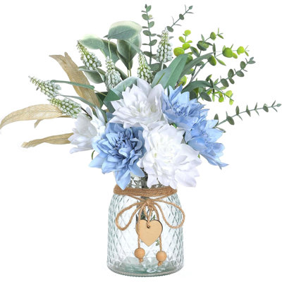 14.5" Artificial Dahlia Flower Arrangement with Vase, Dusty Blue Floral Decor