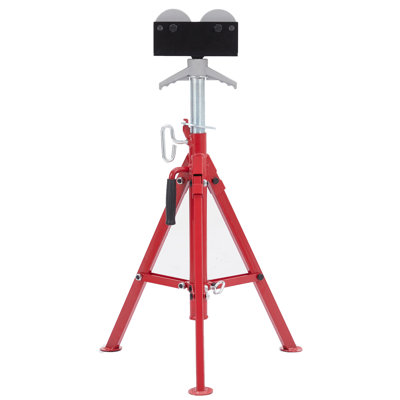 Support à crémaillère à rouleau avec hauteur réglable de 28 à 52 po et capacité de 2 500 lb | Trépied pliant avec poignée pour soudage de tuyaux de 1/8 à 12 po et fabrication, rouge