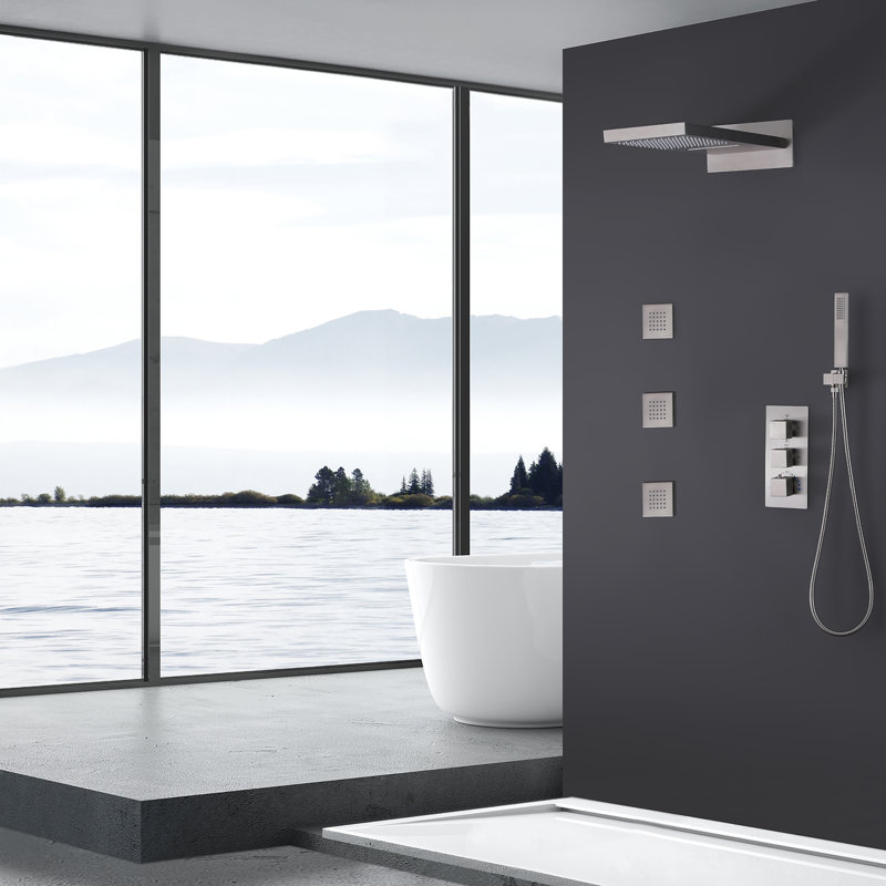 Luxury Thermostatic 4-Function Shower System with Rainfall, Waterfall, Handheld & Body Jets – cUPC Certified, Brushed Nickel