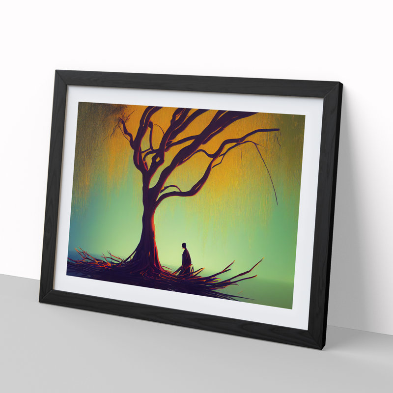 Hypnotic Weeping Willow Tree - Single Picture Frame Print, 46cm H x 64cm W x 2cm D, Black