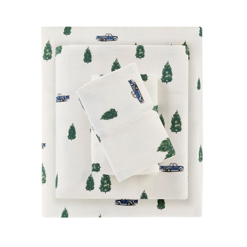 Ensemble de draps Gracie Mills Kayce, Ensemble de draps pour lit très grand californien, Arbres verts et camions