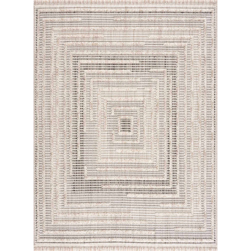Tapis abstrait en polyester tissé à la machine en beige / brun, Rectangle 6 pi 7 po x 9 pi