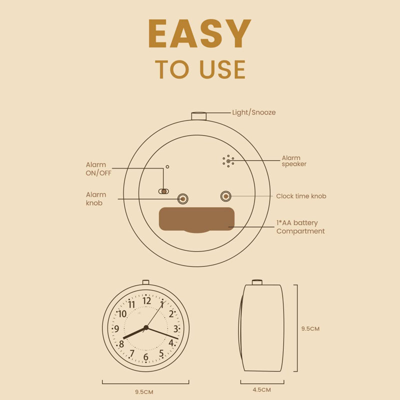Analogue Wood Quartz Movement / Crystal Alarm Tabletop Clock, Natural Wood