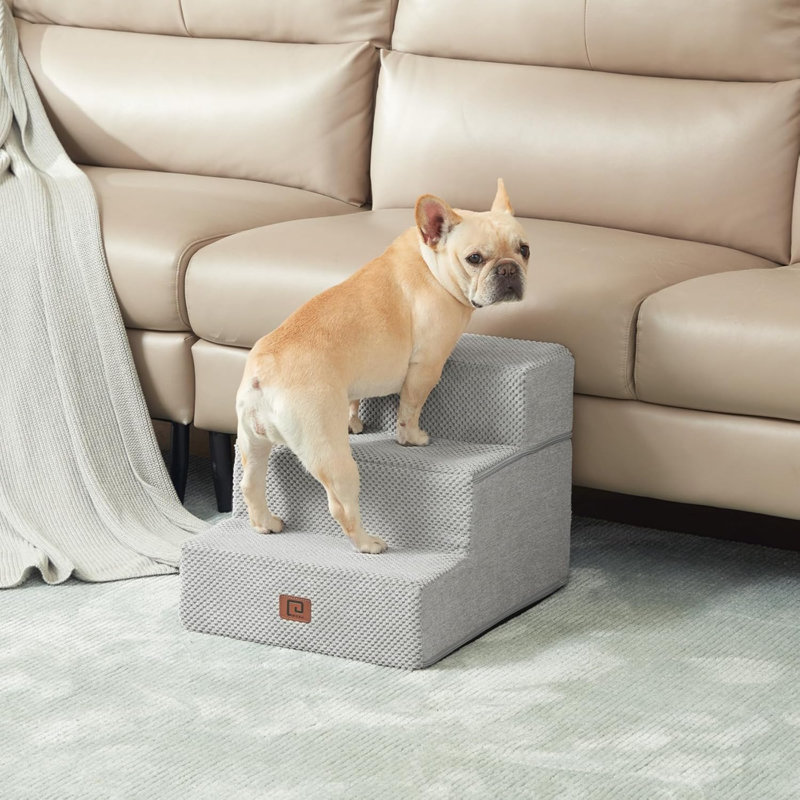 Light Gray 3-Step Foam Dog Stairs with Non-Slip Cover
