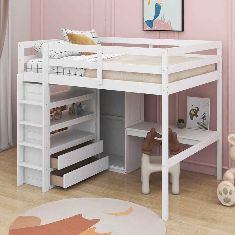 Lit mezzanine double avec bureau, garde-robe, tablettes et tiroirs, Blanc