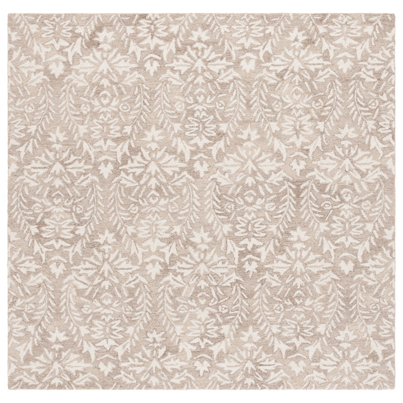 Ivory and Beige 6' Square Hand-Tufted Wool Rug