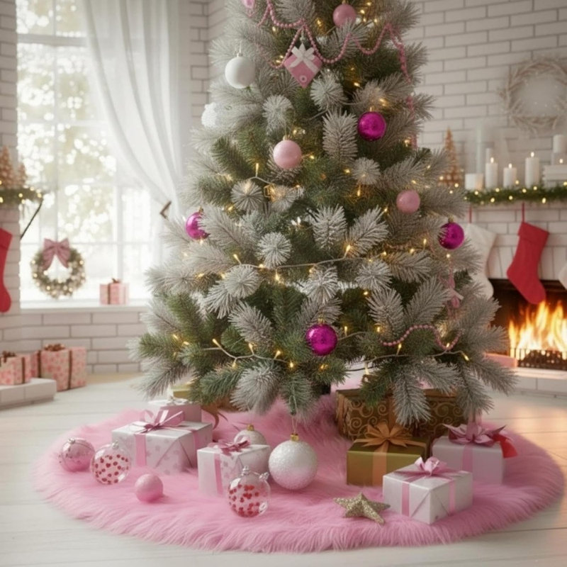 Pink Faux Fur Christmas Tree Skirt – Soft Plush Luxury Tree Base Cover for Christmas & Holiday Decor