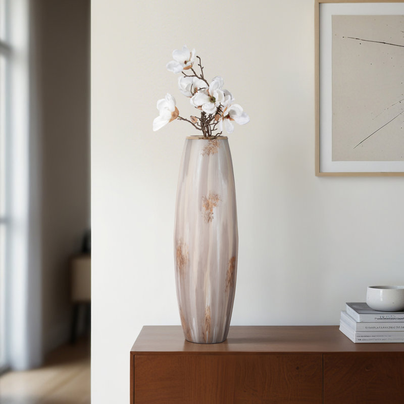 Jocelyn Modern Textured Tall Glass Vase for Home Decor - Decorative Table Flower Vase with Metal Rim for Living Room Styling and Tabletop Display - Tan
