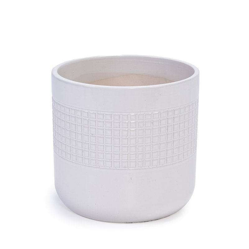 Of 3 Ancient White Grid Ceramic Flowerpots, Frost - And Heat Planters For Various Settings With Sleek Design Drainage Planter 3, All Weather Hole