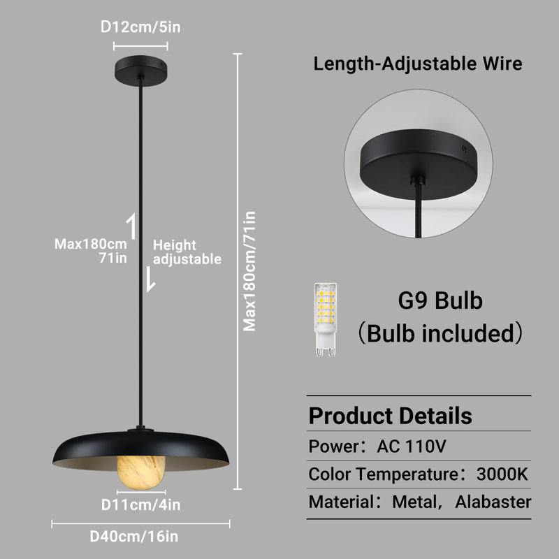 Luminaire suspendu industriel en forme de dôme à 1 lumière de 15,7 po pour îlot de cuisine, Blanc/Noir