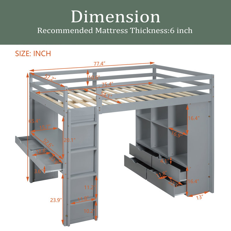 Janek Kids Loft Bed, Full, Gray