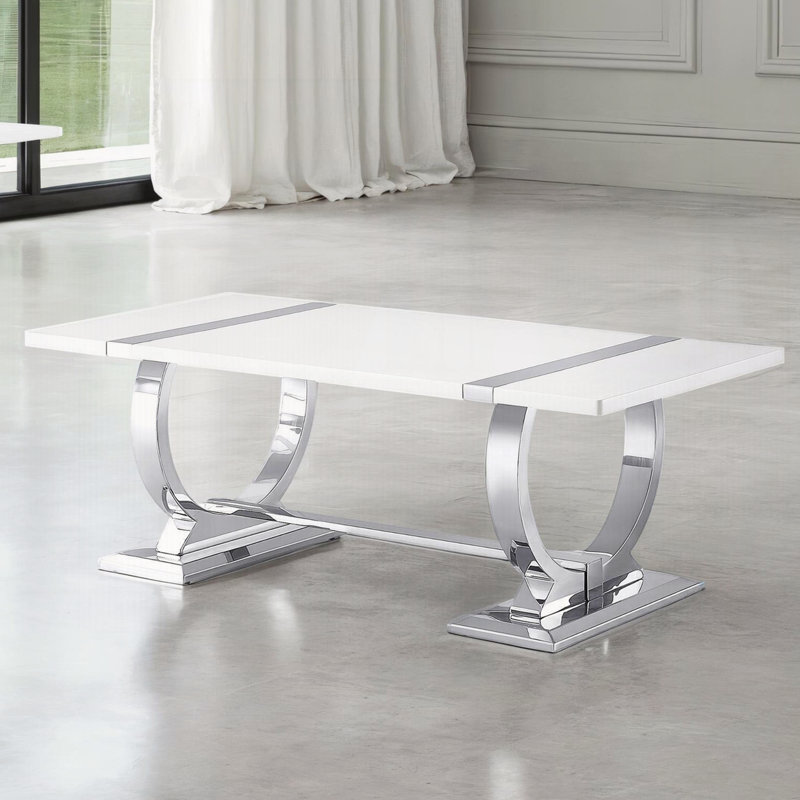 Table basse de style contemporain avec table à tréteaux et plateau rectangulaire, Argent, blanc / argent