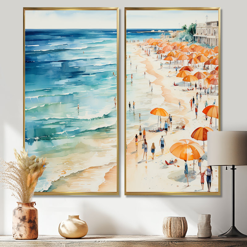 Beach Day Umbrella Parade V - Art mural côtier, 32" H x 32" W, Impression encadrée flottante, Gold