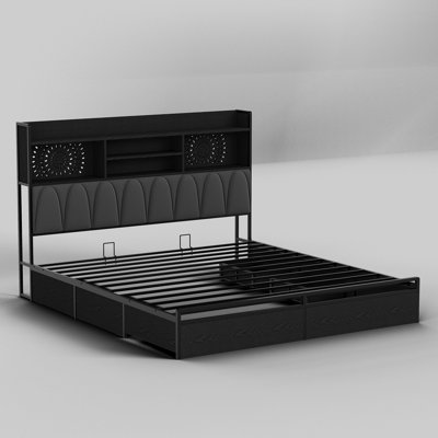 Lit sculpté rétro avec 6 tiroirs, lit moderne avec station de charge et lumières DEL