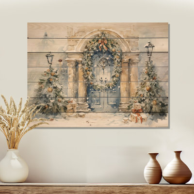 Porte de guirlande de Noël en hiver III - Paysage d'hiver sur bois