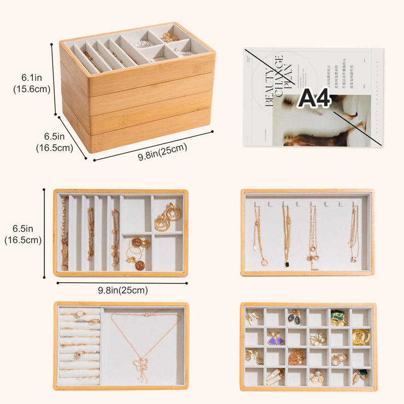 4-Set Bamboo Stackable Jewellery Organizer Tray, Jewellery Drawer Inserts Container Display Case Storage With Removable Dividers -Warmwhite