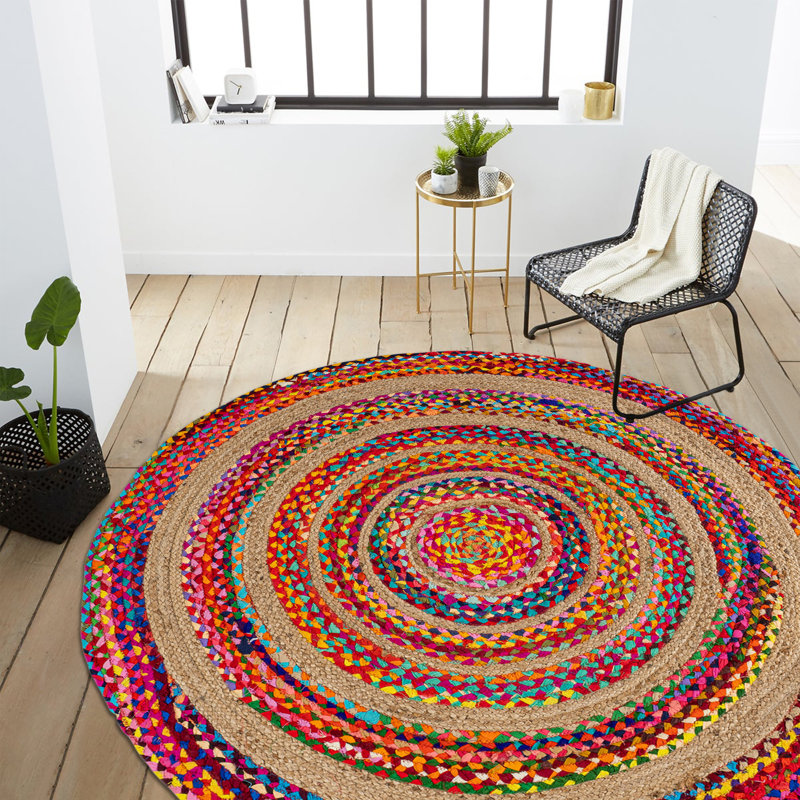 Isla Round Boho Braided Rag & Jute Multi/Natural Rug, Round 4'