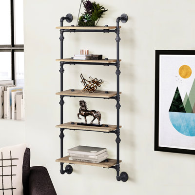 Étagère murale à 5 tablettes en noir et chêne - structure en métal pour l'organisation de la maison