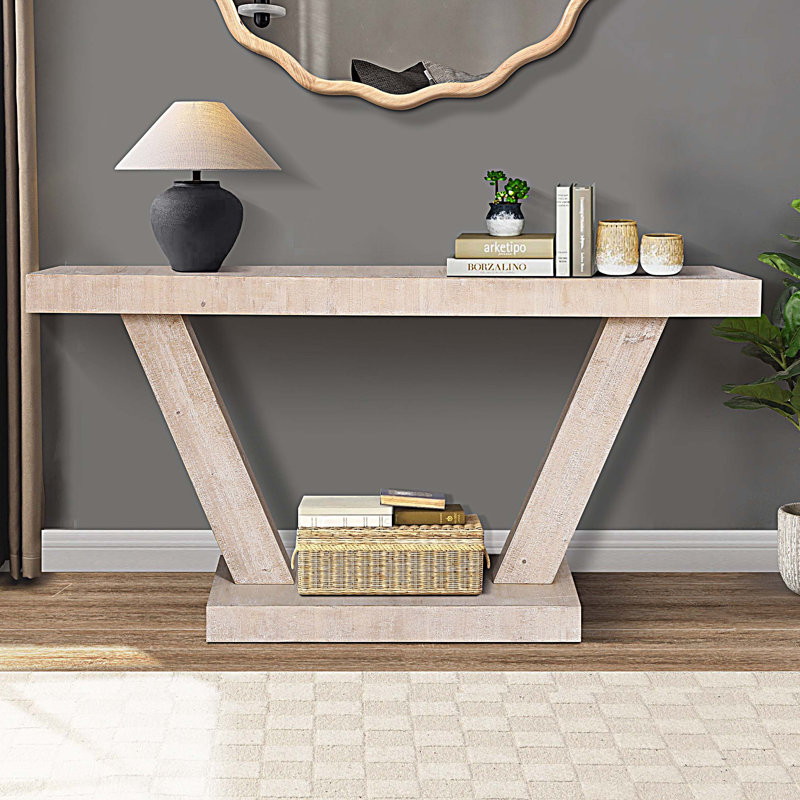 Console rétro avec armoire de rangement en placage à 2 niveaux, Naturel antique