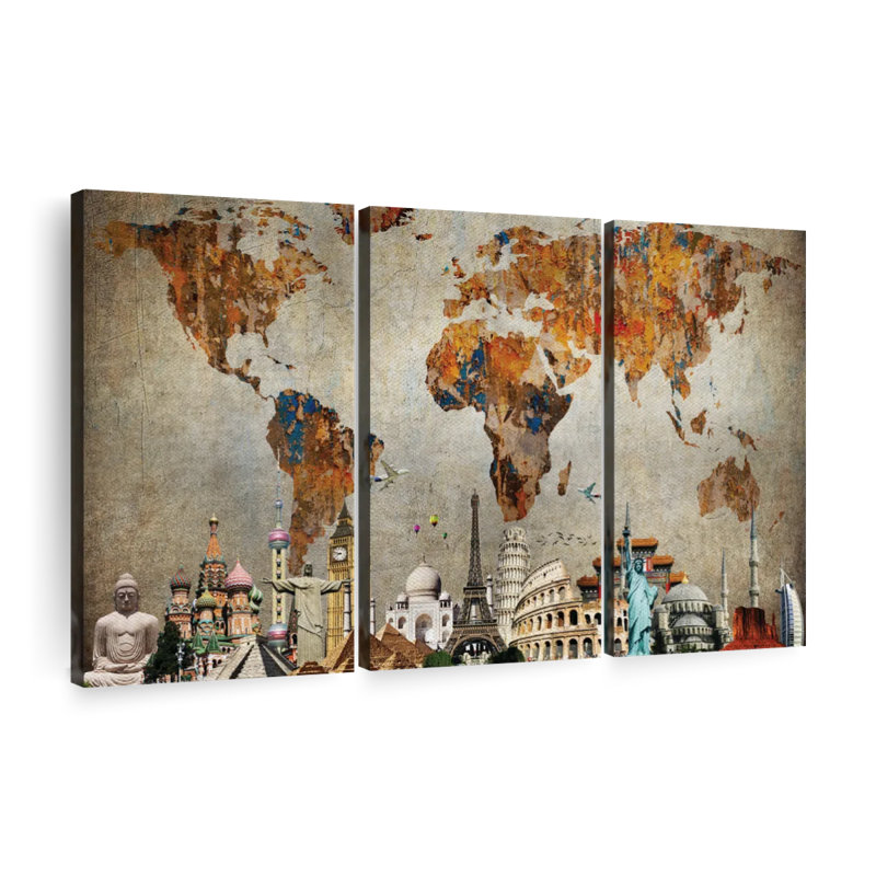 " Rusty World Map " by Vintage Charm Collective 3 - Pieces, 74" H x 48" W x 1.25" D