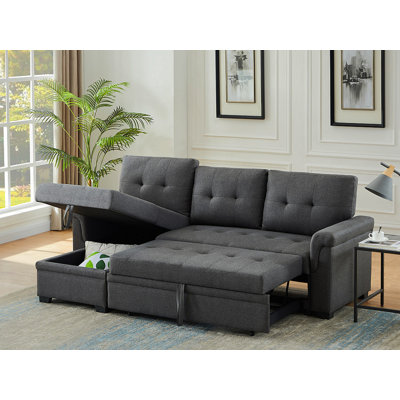 Jardin 84"W Dark Gray Linen Reversible Sleeper Sectional Sofa With Storage Chaise