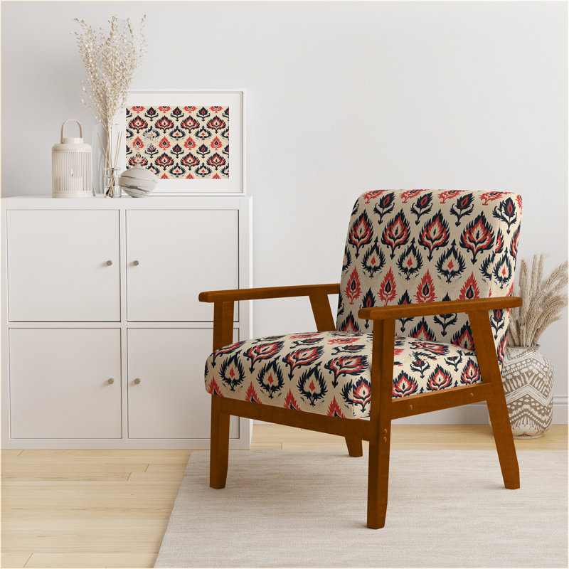 Fauteuil d'appoint vintage en mélange de velours rouge Ikat Tribe Blend Fuse, Accoudoirs carrés bruns