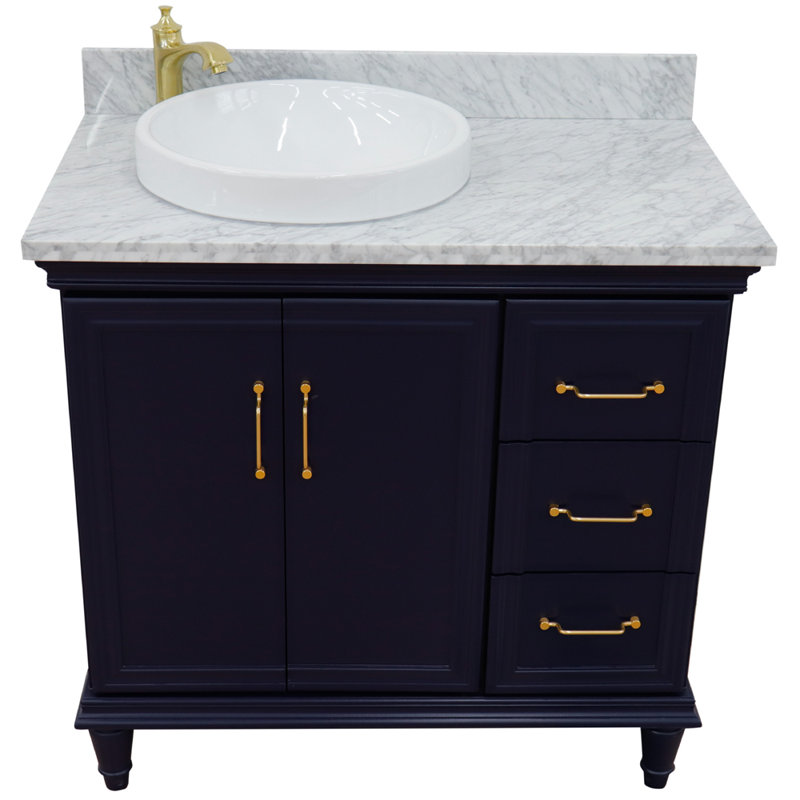 Ensemble de meuble-lavabo simple 37 po Leytonstone, Bleu, Marbre de Carrare blanc