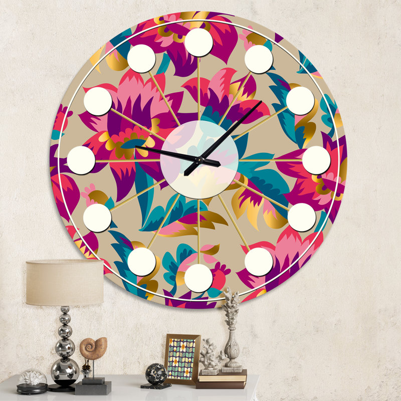 Elegant blossom hand drawn folk pattern - Mid-Century Modern wall clock, Medium