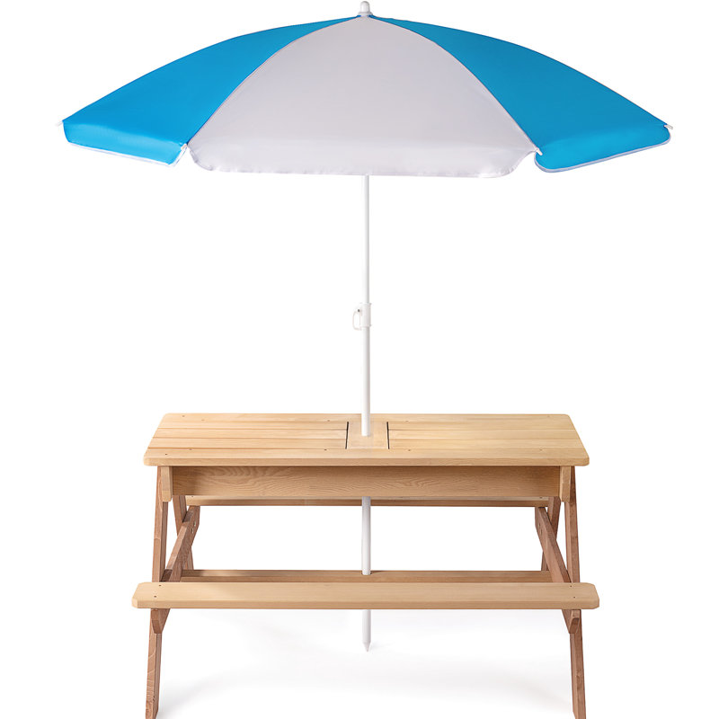 31 Table de pique-nique d'extérieur en bois avec parasol pour tables de sable et d'eau convertibles naturelles, Bois naturel