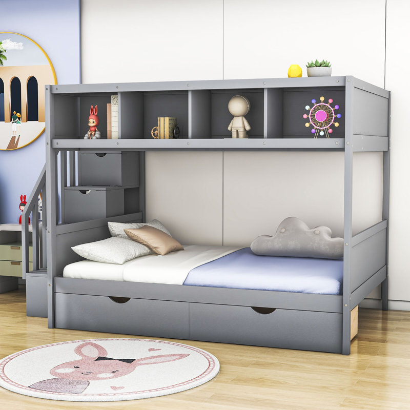 Kids Twin Over Full Bunk Bed with Drawers, Gray