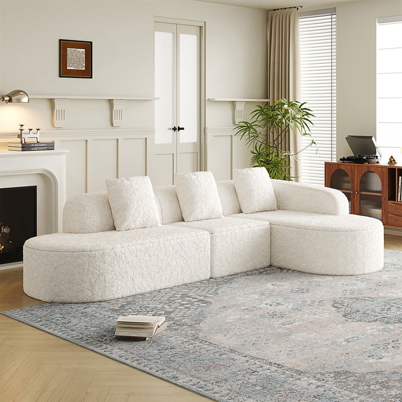 Canapé modulaire incurvé en forme de L de 111,8 pouces, design moderne avec tissu en polyester à poils longs texturé litchi, dossier incurvé avec trois coussins