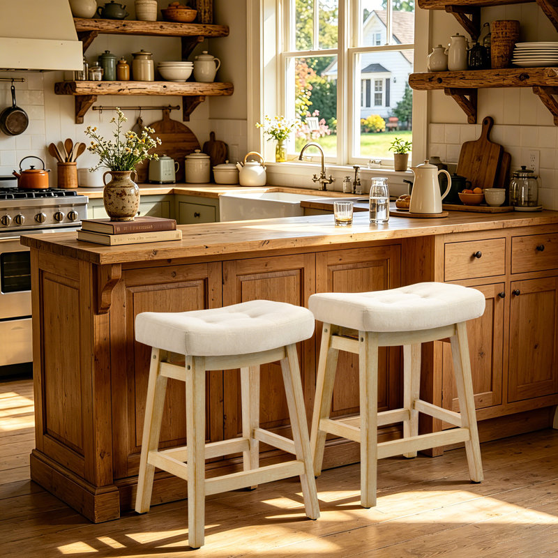 24" Solid Wood Beige Saddle Bar Stools Ideal for Kitchen Island and Counter, Linen Beige Seat/Natural Frame