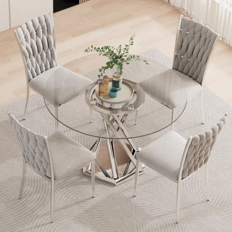 47.2" Round Glass Dining Table set for 4, 5-Pieces Round Dining Table Set, Clear Glass Dining Table set with 4 Velvet Upholstered Chairs, for Kitchen, Dining Room, Apartment