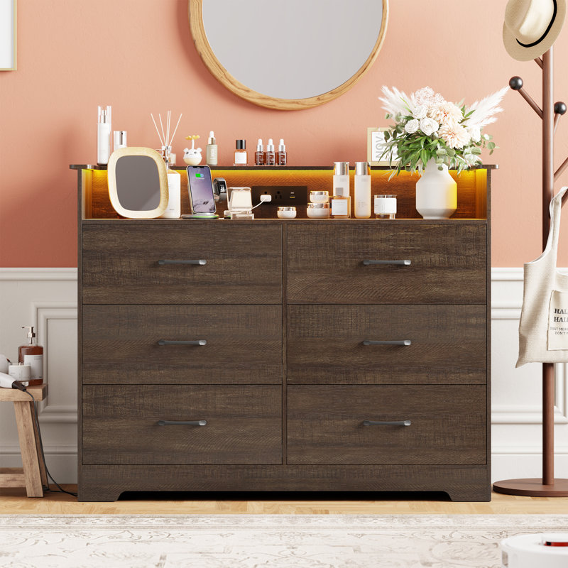 6 Drawer Dresser for Bedroom - 37” Tall Chest of Drawers with LED Light and Charging Station, Modern Organizer Cabinet with Open Shelf Table for Living Room, Entryway, Hallway,Retro