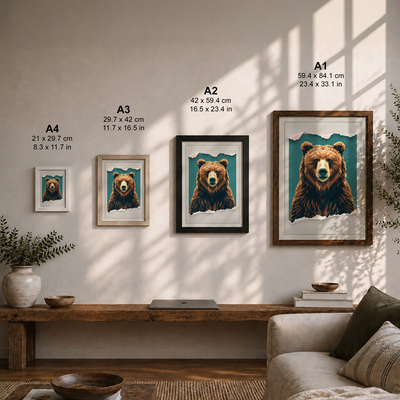 Bear Frontward Rustic - Framed Print, Oak, A4 - 29.7 x 21.0 cm