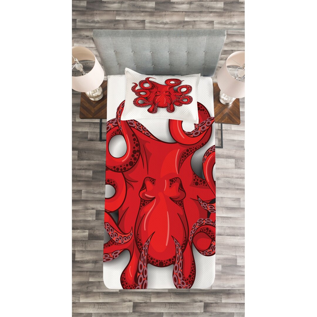 Gestepptes Bettdecken-Set, Octopus Tiermeeres, Krake, Rot