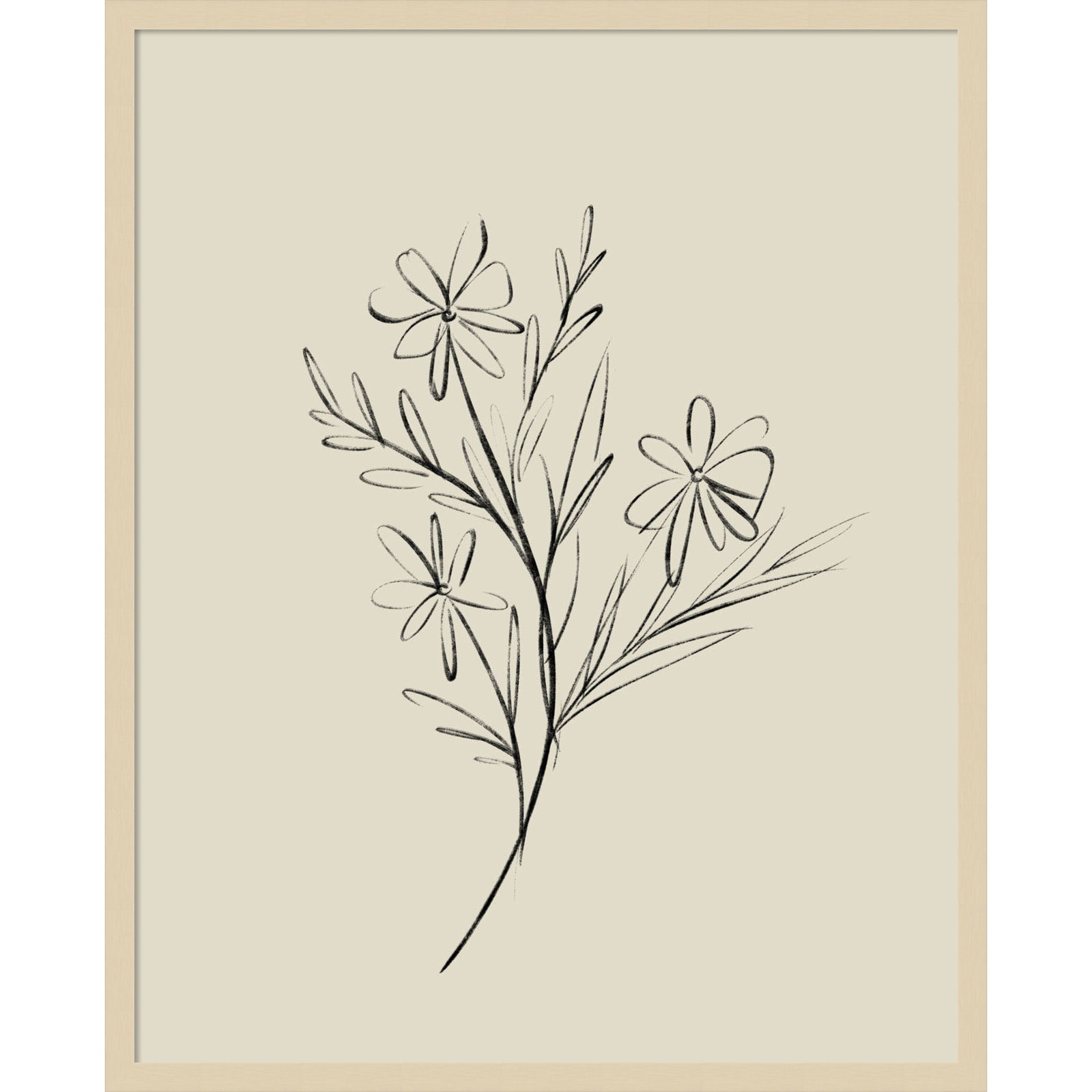 Line Drawn Flowers 1 Print, Brown Framed, 27" W x 33" H x 1" D