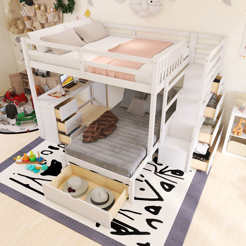 Lit superposé double au-dessus de simple avec cadre en bois avec bureau, tiroirs et tablettes, Blanc
