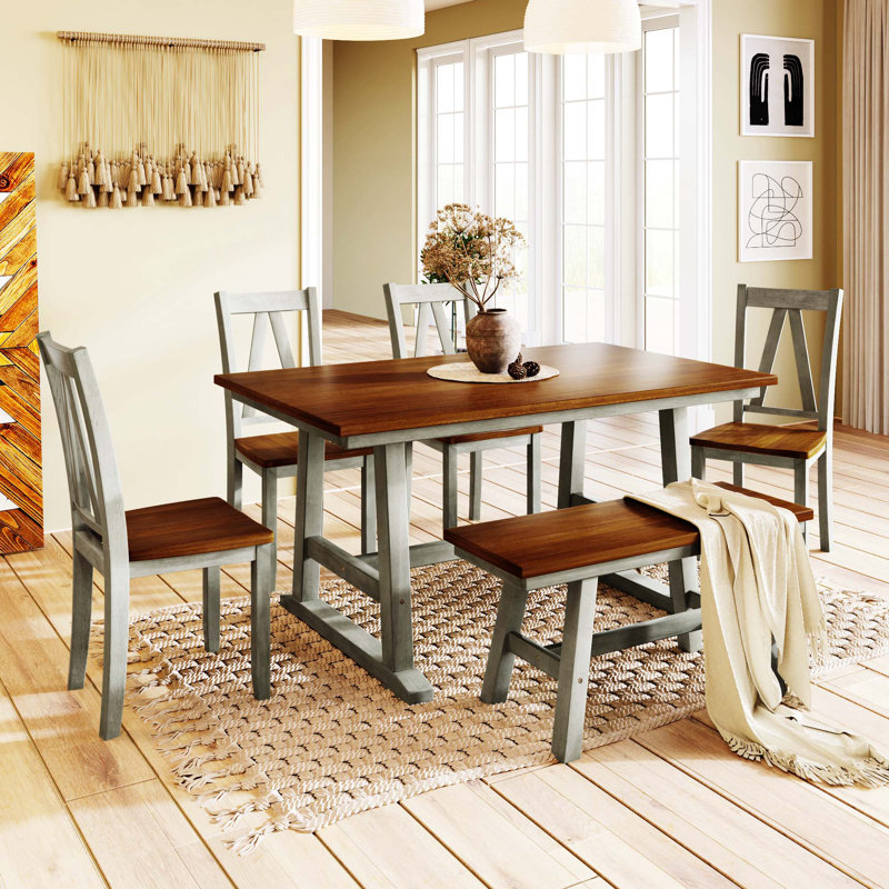 Ensemble de table de salle à manger 6 pièces avec banc Tranel, Naturel / Vert, Naturel / Vert